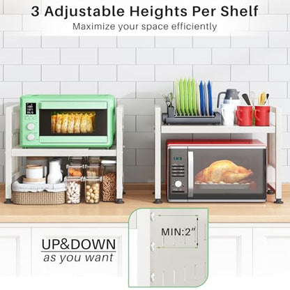 Microwave Stand, 2-Tier Expandable(17.4"-27.4") Microwave Oven Rack, Heavy Duty Adjustable Shelf with 9 hooks, Kitchen Organizer Storage Shelves for Pantry, Countertop, Coffee Bar, Office, Dorm, White - style: 2 Tier-White