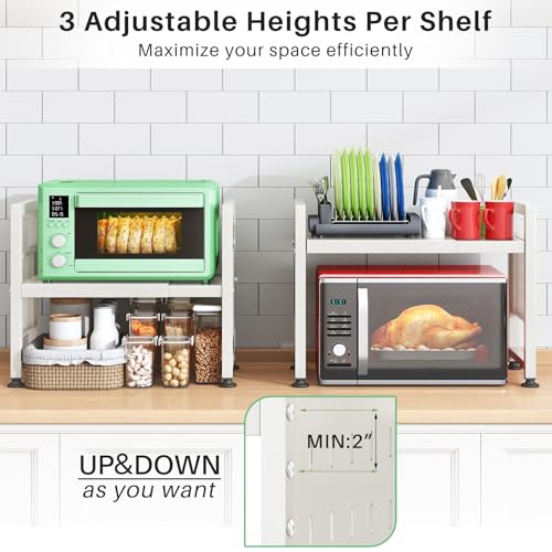 Microwave Stand, 2-Tier Expandable(17.4"-27.4") Microwave Oven Rack, Heavy Duty Adjustable Shelf with 9 hooks, Kitchen Organizer Storage Shelves for Pantry, Countertop, Coffee Bar, Office, Dorm, White - style: 2 Tier-White