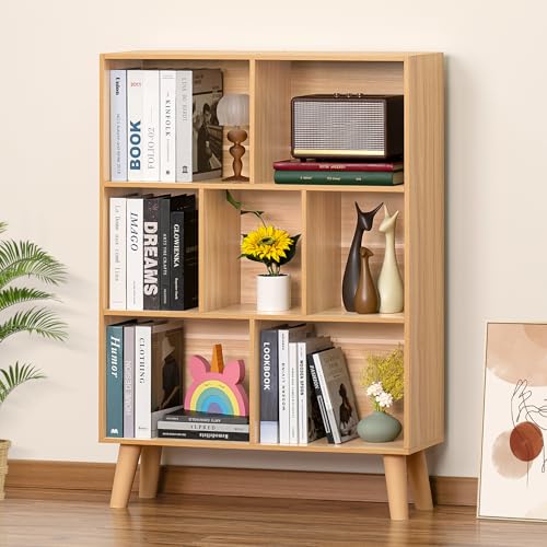 LEYAOYAO Wooden 7 Cube Book Shelf, Natural 3 Tier Bookshelf with Legs, Modern Open Storage Organizer,Boho Bookcase,Display Cabinet Shelf Free Standing Bookshelves for Bedroom,Living Room,Office - color: Natural, size: 7 Cube with Legs