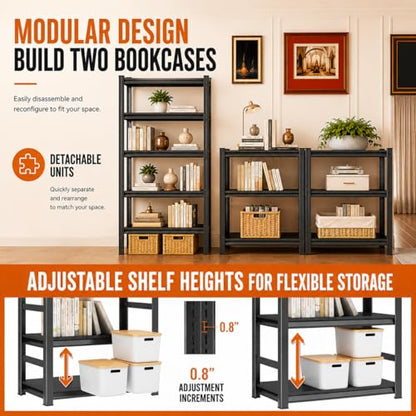 Bolt-Free Metal Bookshelf, Adjustable Tall Bookcase with Anti-Drop Fence, Heavy Duty Deep Book Shelf, Large Office Bookshelf, Modern Storage Shelves for Bedroom, LivingRoom, Garage - size: 5-Tier 36"W x16"D x71"H