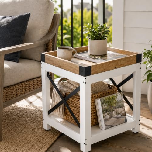 Farmhouse Square Side Table,2-Tier End Table with Storage Shelf | Modern Sofa Couch Table Bedside Nightstand With X-Frame for Living Room Bedroom Office Small spaces,White+Oak - color: White+oak, style: Farmhouse