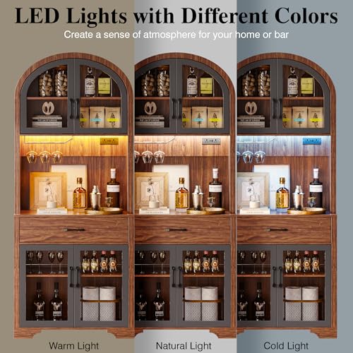 Tall Arched Pantry Cabinet, Kitchen Pantry Cabinet with Drawer and Charging Station, Tall Coffee Bar Cabinet with Storage, Dining Room Kitchen Hutch Storage Cabinet - color: Walnut
