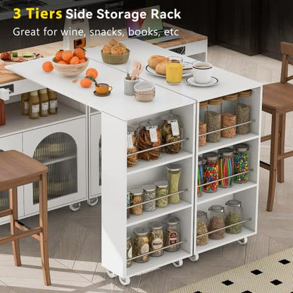 Rolling Kitchen Island with Extendable Swivel Table and Power Outlet, Kitchen Island on Wheels with Storage Cabinet, Fluted Glass Doors and Open Shelves for Small Spaces, White - color: White