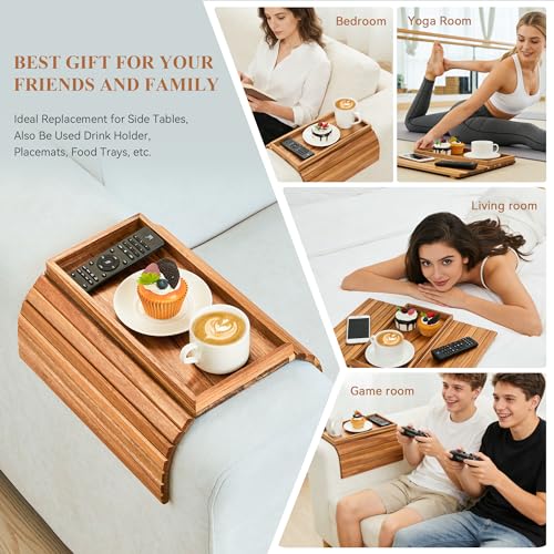 GEHE Acacia Wood Sofa Arm Tray, Foldable Couch Arm Tray Side Table, Anti-Falling Armrest Tables Cup Holder for Snacks, Drinks, Beers, Phone, Control, Flexible and Portable, Anti-Slip - color: Acacia Wood