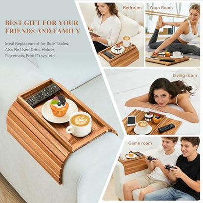 GEHE Acacia Wood Sofa Arm Tray, Foldable Couch Arm Tray Side Table, Anti-Falling Armrest Tables Cup Holder for Snacks, Drinks, Beers, Phone, Control, Flexible and Portable, Anti-Slip - color: Acacia Wood