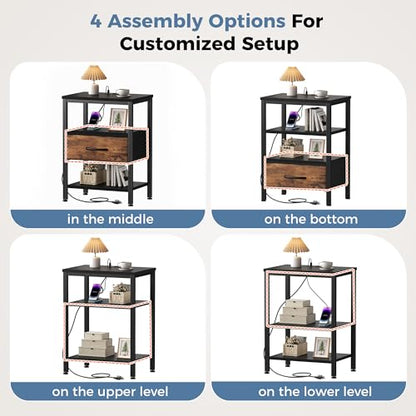 DUMOS Nightstand with Charging Station, Bedside Table with 1 USB-A, 1 USB-C & 2 AC Outlets, Fabric Drawer with Adjustable Open Shelf, Compact End Table for Bedroom, Black & Brown - color: Black and Brown, size: 15.7"Dx11.8"Wx23.4"H(1 Drawer, 1 Pack)