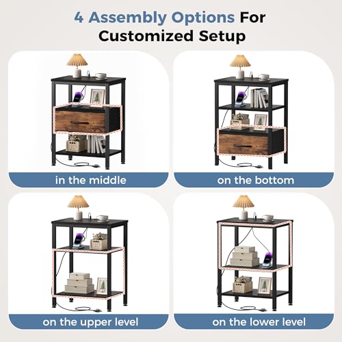 DUMOS Nightstands Set of 2 with Charging Station, Bedside Table with 1 USB-A, 1 USB-C & 2 AC Outlets, Fabric Drawer with Adjustable Open Shelf, Compact End Table for Bedroom, Black & Brown - color: Black and Brown, size: 15.7"Dx11.8"Wx23.4"H(1 Drawer, 2 P