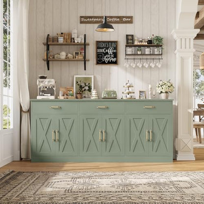 HOSTACK 71"W Farmhouse Kitchen Sideboard Buffet Cabinet with Storage, Green | Large Coffee Bar Cabinet with 3 Wide Drawers, Long Buffet Table with Shelves, Kitchen Storage Cabinet for Dining Room - color: Green