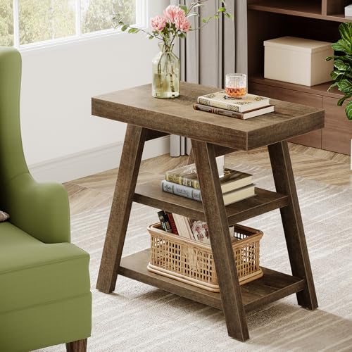 Tribesigns Farmhouse End Table, 3-Tier Wooden Sofa Side Table with Trapezoid Legs, Rustic Side Table for Couch, Vintage Bedside Nightstand for Bedroom, Living Room, Small Spaces, Distressed Brown - color: Distressed Brown