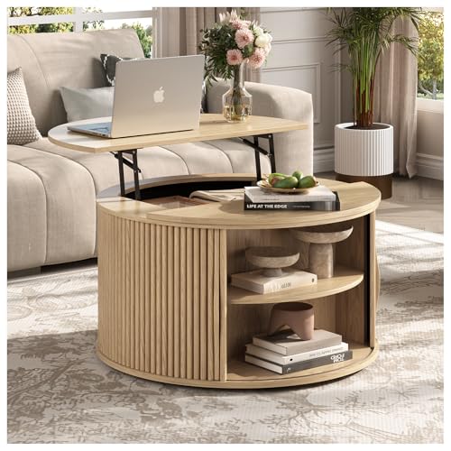 Round Lift Top Coffee Table, 31.5” Mid Century Modern Center Table with Hidden Storage, Fluted Circle Coffee Tables for Living Room, Home Office, Oak - color: Oak, size: Round(lift top)