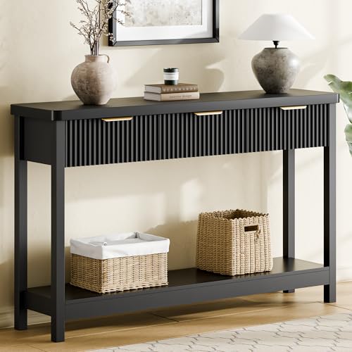 Fluted Console Table, 51 Inch Entryway Table with 3 Drawers | Scandi farmhouse look with quiet full-extension slides, open lower shelf, profile for hallway, entry, foyer or behind sofa. - color: Black