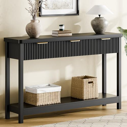 Fluted Console Table, 51 Inch Entryway Table with 3 Drawers | Scandi farmhouse look with quiet full-extension slides, open lower shelf, profile for hallway, entry, foyer or behind sofa. - color: Black
