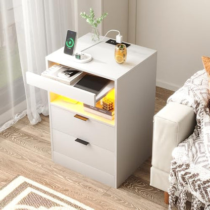 Yusong Night Stand, Bedside Table, LED Nightstand with Charging Station, Modern Night Stand, Wood Sofa Couch End Side Table with 2 Pull-Out Shelf (White 001) - color: White 001