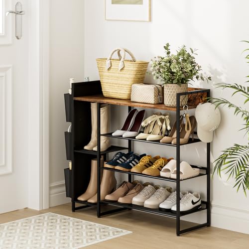Shoe Racks Bench,Shoe Organizer with Bench for Closet- Free Standing Boot and Shoe Rack with Storage Bag for High Heels, Entryway, Hallways, Closets, Dormitory Rooms,Brown 4-Tier - size: 4 Tier with Side Bag