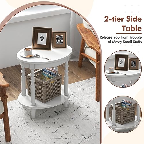 Giantex Oval End Tables Set of 2, 2-Tier Side Tables with Storage Shelf & Solid Wood Legs, Modern Living Room Accent Table, Wood Nightstand for Bedroom, Small Space, 20.5"L x 15.5"D x 24.5"H, White - color: White
