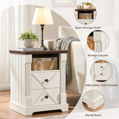 BuildHom 18" Farmhouse Nightstand with Charging Station,2 Interchangeable Drawers End Table, Roman Column Bedside Table with Open Shelf for Bedroom(Antique White) - color: Antique White