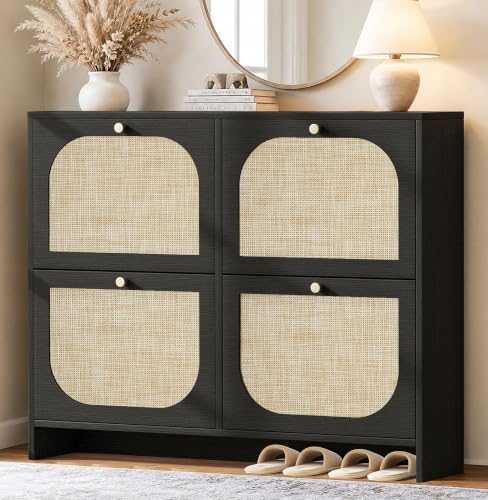 Shoe Storage Cabinet for Entryway, Rattan Vintage Flip Shoe Rack- 4 Flip Drawers & 3-Tier Adjustable Shelves,Boho Shoe Organizer for 28-36 Pairs - Fits Size 12 Boots, 9.5" Ultra Slim - color: Statement Piece