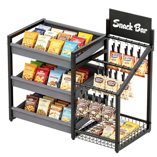 3-Tier Snack Organizer with 18 Clips, Large Capacity Snack Rack | Snack Cart for Kitchen Office Store Party Countertop, Matte Black Metal & Oxford Fabric Snack Storage, Message Board