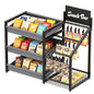 3-Tier Snack Organizer with 18 Clips, Large Capacity Snack Rack | Snack Cart for Kitchen Office Store Party Countertop, Matte Black Metal & Oxford Fabric Snack Storage, Message Board