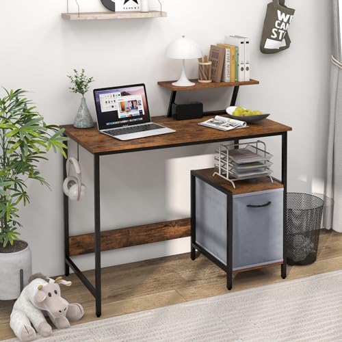 Giantex Computer Desk with Drawer and Power Outlet, Home Office Desk with Reversible Storage Drawer & Raised Shelf, Computer Workstation with Hook, Industrial Study Writing Desk for Study, Bedroom