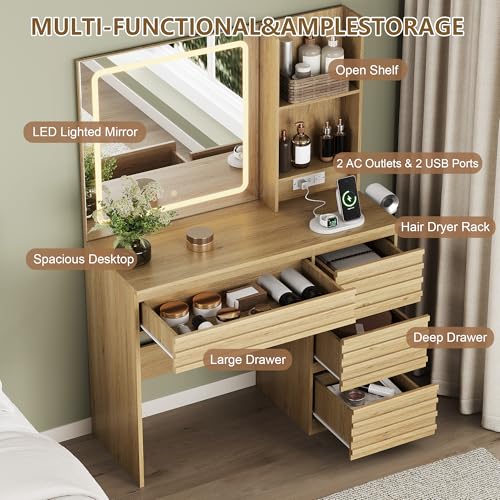 Vanity Desk with Lights, Fluted Vanity with 4 Drawers, Open Shelves, Power Outlet, LED Lighted Mirror, 3 Lighting Modes & Brightness Adjustable, Wood Dressing Table for Bedroom,Natural Oak - color: Natural Oak