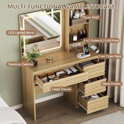 Vanity Desk with Lights, Fluted Vanity with 4 Drawers, Open Shelves, Power Outlet, LED Lighted Mirror, 3 Lighting Modes & Brightness Adjustable, Wood Dressing Table for Bedroom,Natural Oak - color: Natural Oak