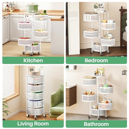 SAYZH Fruit Vegetable Basket for Kitchen, Rotating Storage Rack, 5 Tier Rolling Cart with top lid, Large Metal Wire Wheels (White) - color: White