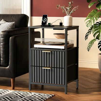 VINGLI Black Nightstands Set of 2 with Fabric Drawers, Fluted Nightstands with Charging Station, Night Stand Set of 2, Small Bedside Table, Bed Side Table/Night Stand with Charging Station for Bedroom - color: Black, size: 15"W-2 Drawer 1 Shelf