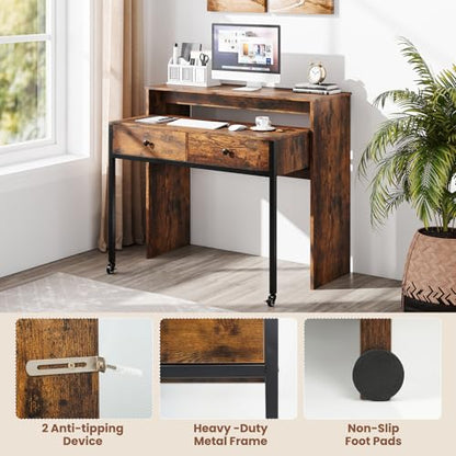 Giantex Small Computer Desk with Hutch & Drawers, Extendable Writing Desk w/Pull Out Secondary Table, Monitor Stand & Rolling Wheels, Console Table, Compact Desk for Small Spaces (Rustic Brown) - color: Rustic Brown