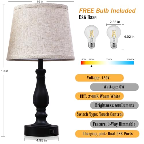EJIAXIN Table Lamps Set of 2, Bedside Nightstand Lamps with USB Charging Ports,Dimmable Touch with Linen Fabric Lampshade, Modern Small Lamp for Bedrooms, Living Room (Bulbs Included) - color: Beige Shade and Black Base