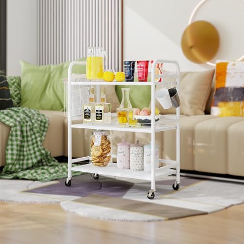 HDANI 3 Tier Metal Rolling Utility Cart,High Capacity Multi Purpose Heavy Duty Cart for Office,Kitchen,Living Room,Bedroom,White - color: White, size: Large with Basket