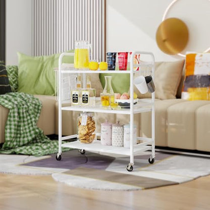 HDANI 3 Tier Metal Rolling Utility Cart,High Capacity Multi Purpose Heavy Duty Cart for Office,Kitchen,Living Room,Bedroom,White - color: White, size: Large with Basket