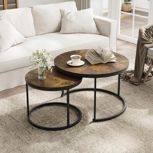 Smuxee Rustic Nesting Coffee Table Set of 2, 27.6" Round Coffee Table Wooden Marble Pattern with Adjustable Non-Slip Feet, Industrial End Table for Living Room Bedroom Balcony - color: Rustic Brown, size: 27.6"W