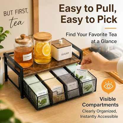 8-Drawer Tea & K-Cup Storage Organizer for Countertop | 8 large drawers，Iron & wood, fits tea bags & K-Cups, dust-proof，space-saving，for countertop or drawer，easy-clean