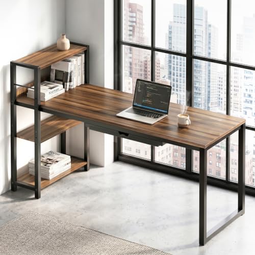 SHW 46-Inch Home Office Computer Desk w/Side Shelf & Drawer, Walnut | w/ Reversible Adjustable Shelf | Drawer with adjustable compartments - color: Walnut