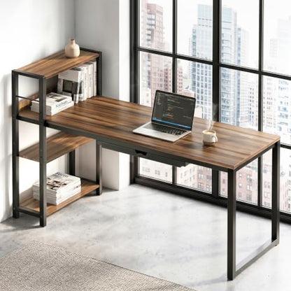 SHW 46-Inch Home Office Computer Desk w/Side Shelf & Drawer, Walnut | w/ Reversible Adjustable Shelf | Drawer with adjustable compartments - color: Walnut