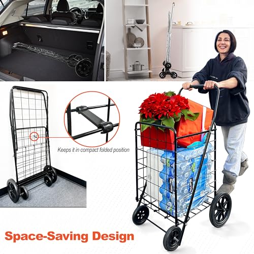 Wellmax 2-Pack Shopping Utility Cart with Stair Climber, Collapsible Folding Cart for Grocery, X-Large and Large (Black and Silver) - size: Large-Medium