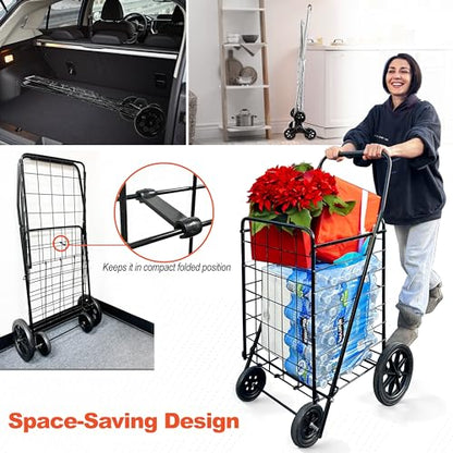 Wellmax 2-Pack Shopping Utility Cart with Stair Climber, Collapsible Folding Cart for Grocery, X-Large and Large (Black and Silver) - size: Large-Medium