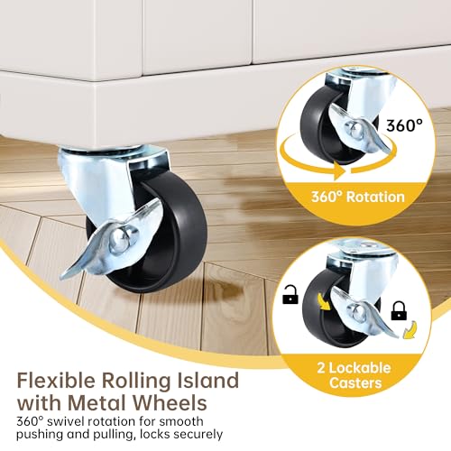 Kitchen Island with Storage, Wooden Rolling Kitchen Island On Wheels with Wood Top, Mobile Kitchen Bar Cart Cabinet with Towel Rack, Spice Rack and Drawers, White - color: White