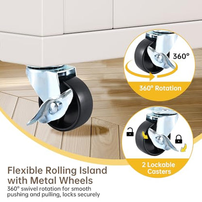 Kitchen Island with Storage, Wooden Rolling Kitchen Island On Wheels with Wood Top, Mobile Kitchen Bar Cart Cabinet with Towel Rack, Spice Rack and Drawers, White - color: White