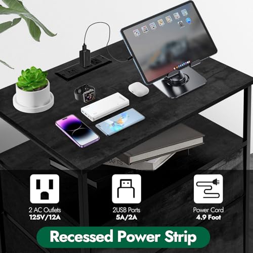 3-Drawer LED Nightstand with Charging Station, Black. | Engineered Wood and Steel, 2 AC and 2 USB ports, 24 Inch Wide, RGB App Control, Fabric Drawers, Open Storage Shelf - color: Black