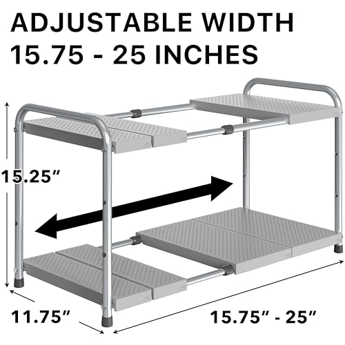 Simple Houseware Under Sink 2-Tier Heavy Duty Expandable Organizer, Silver | Adjustable Width 15.75–25 Inches with 4 Shelf Height Levels - color: Silver