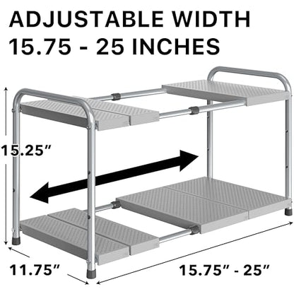 Simple Houseware Under Sink 2-Tier Heavy Duty Expandable Organizer, Silver | Adjustable Width 15.75–25 Inches with 4 Shelf Height Levels - color: Silver
