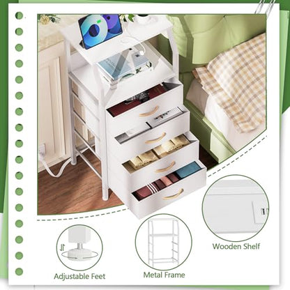 Furnulem Night Stand with Charging Station, Dresser with PVC & Fabric Drawers, 33.3 Inch Side Table with Open Shelf, Tall Bedside Table for Closet, Entryway, Bedroom Furniture, 3 Ways to Use, White - color: White, size: 4 Drawer