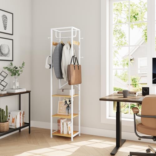 ELYKEN Coat Rack Freestanding, Hall Tree with 3 Storage Shelves and 12 Hooks, Industrial Clothes Rack Stand Organizer for Bedroom, Hallway, Entryway, Office, Living Room - color: Natural
