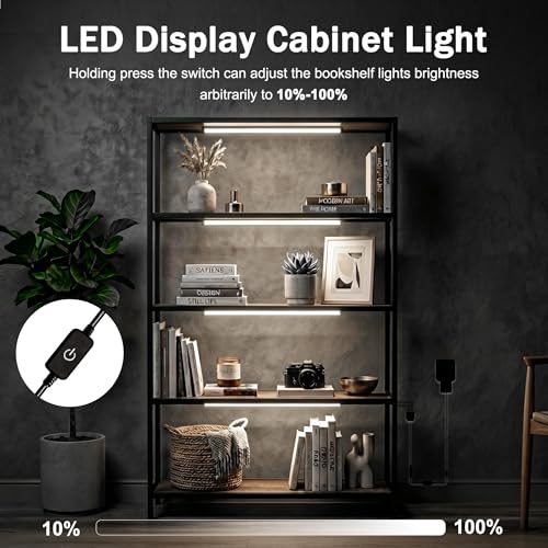 Cefrank LED Under Cabinet Lights, 4-Pack Dimmable Display Memory Bars Kit | 6000K cold white 1200LM, ultra-thin black aluminum with memory dimmer. Plug-in AC for kitchen, bookcase, glass showcases.