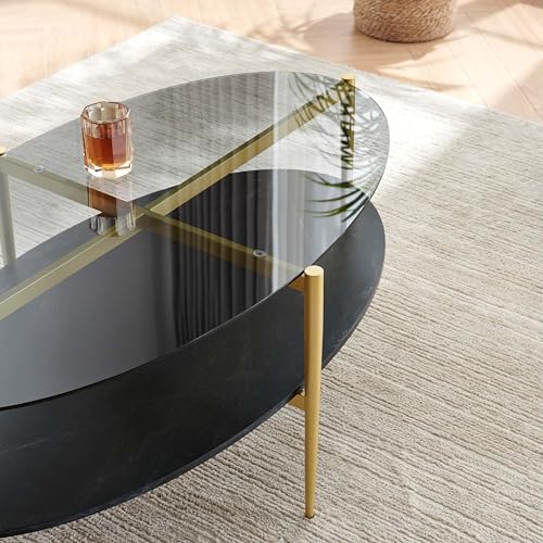 LumFurn Oval Glass Coffee Table, Mid-Century Modern Design, L43 x W22 x H17 inch, Surfboard Shaped Grey Glass Top and Black Marble Finish Wood Shelf, Tapered Legs with Gold Finish Frame - color: Grey & Black Marble, size: L43" Surfboard Coffee Table