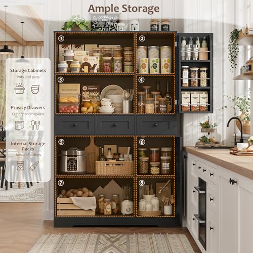 HOSTACK 67"H Farmhouse Kitchen Pantry Storage Cabinet with 3 Drawers, Black | Large Food Pantry Cabinet with Swing-Out Door Rack & Adjustable Shelf for Kitchen, Dining room, Living room - color: Black