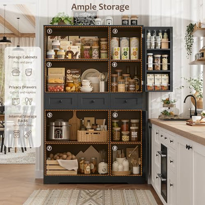 HOSTACK 67"H Farmhouse Kitchen Pantry Storage Cabinet with 3 Drawers, Black | Large Food Pantry Cabinet with Swing-Out Door Rack & Adjustable Shelf for Kitchen, Dining room, Living room - color: Black