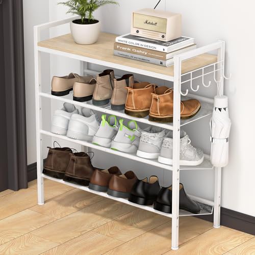 Refrze Shoe Rack for Front Door Entrance, 4 Tier Height-Adjustable Metal Shoe Rack, Sturdy Wooden Top and Tiltable Steel Frame Heavy Duty Shoe Organizer for Bathroom,Bedroom,Kitchen, Include Hook - color: Natural + White, size: 4-Tier (11.8"D x 29.1"Wx 30